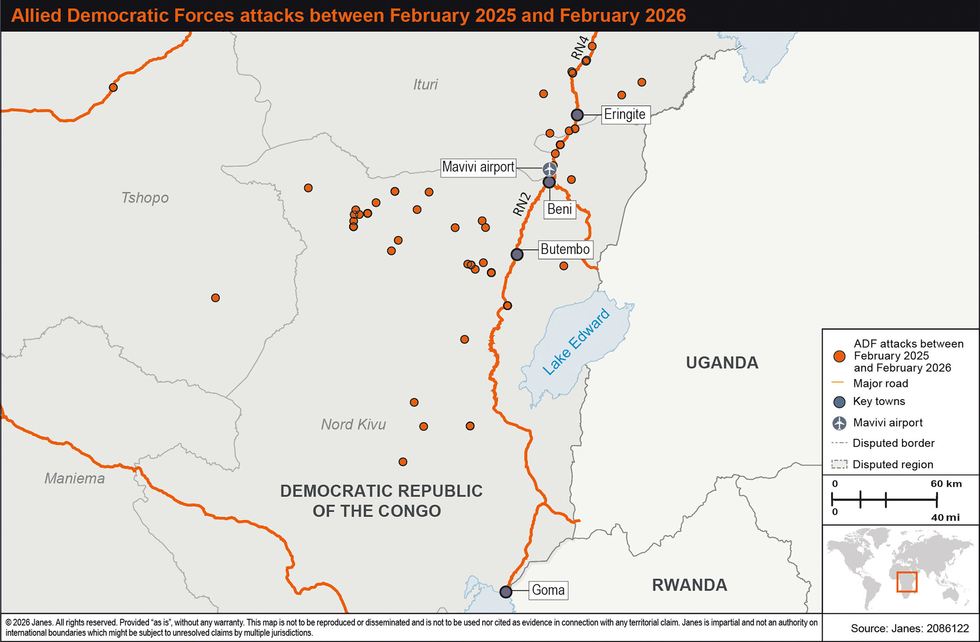 map of DRC showing Allied Democratic Forces attacks since Feb 2025