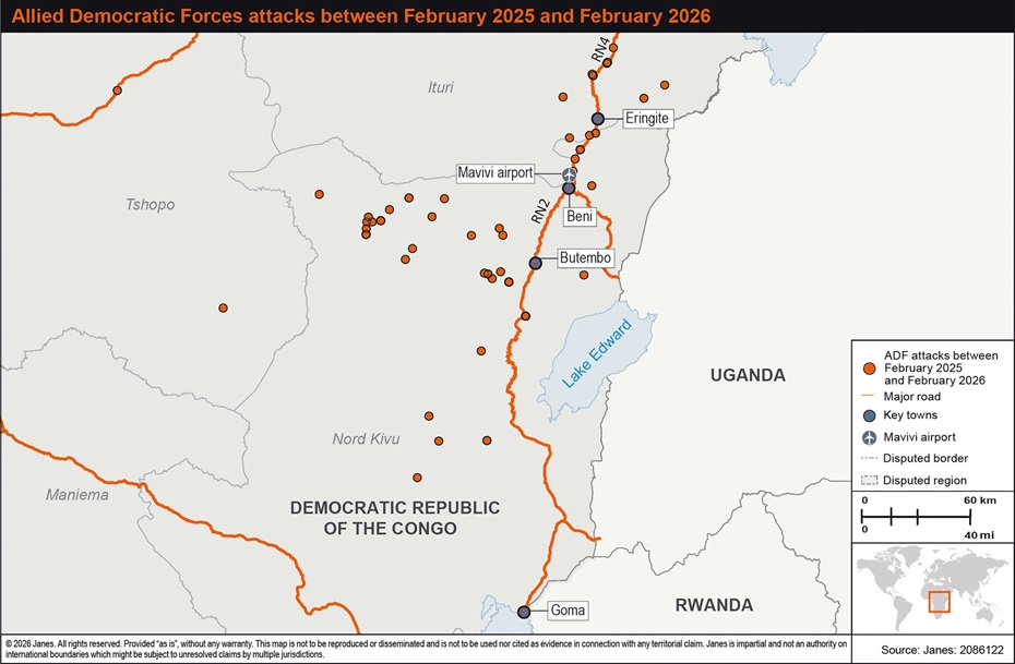 Allied Democratic Forces attacks between February 2025 and February 2026