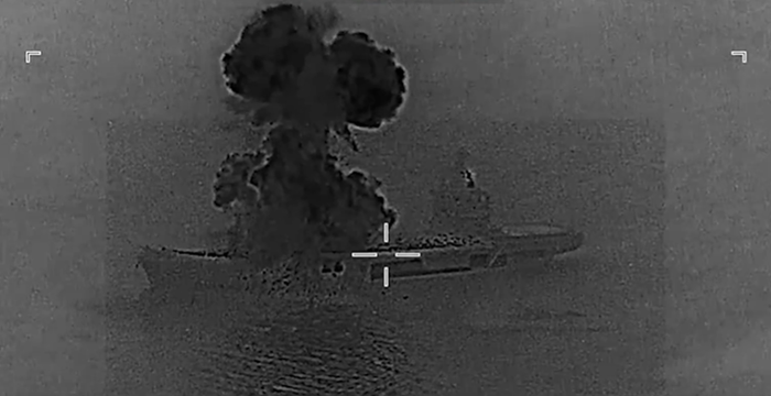 An image from a video released online by CENTCOM on 6 March showing what it said was a strike on the Iranian UAV carrier Shahid Bahman Bagheri.
