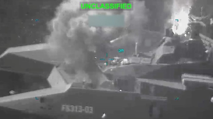 An image released by US Central Command on 4 March shows the IRGCN’s Shahid Sayad Shirazi on fire.