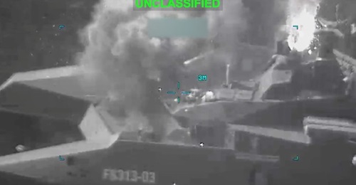 An image released by US Central Command on 4 March shows the IRGCN’s Shahid Sayad Shirazi on fire.