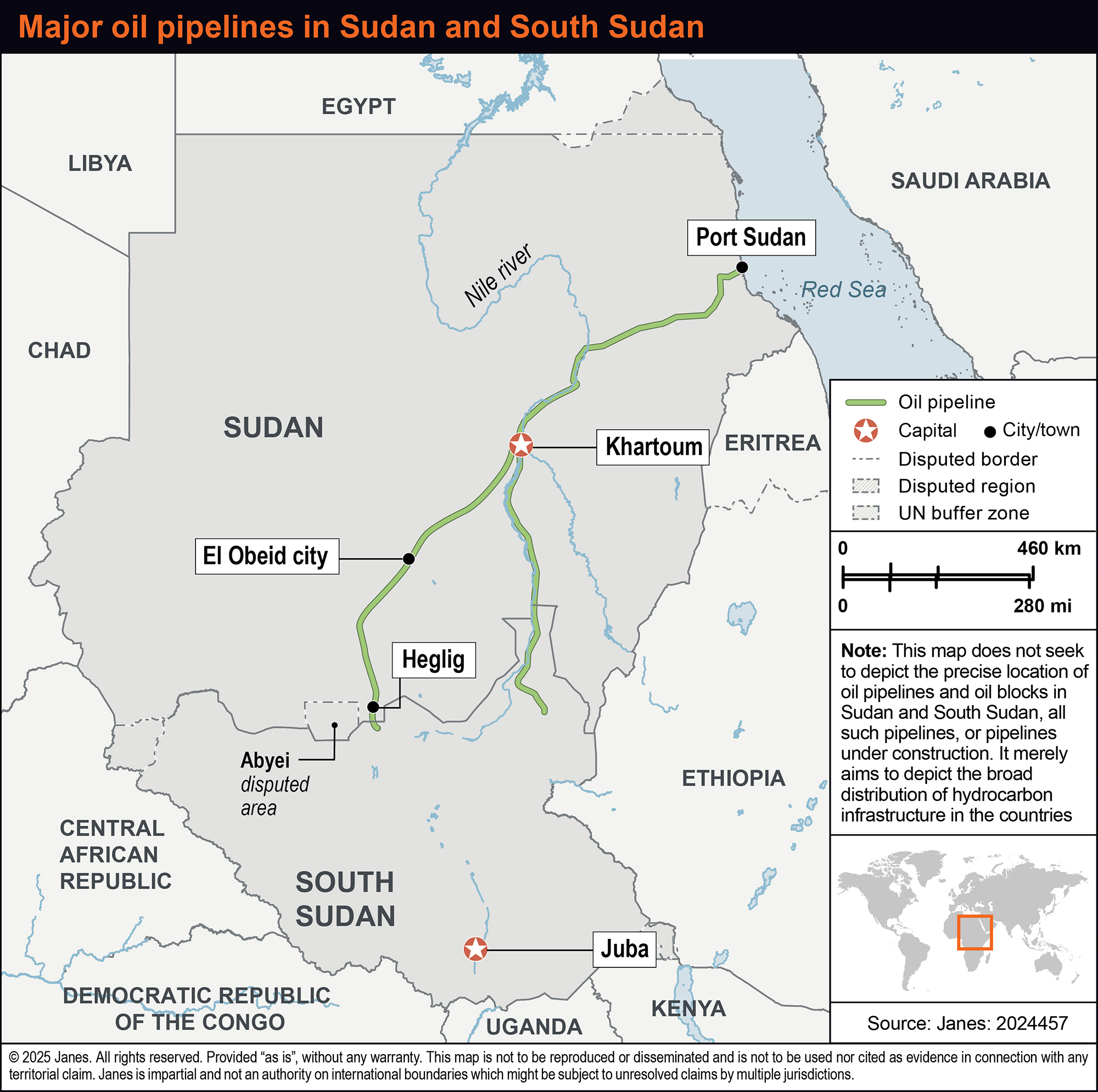 Annotated map of major oil pipe lines in Sudan and South Sudan