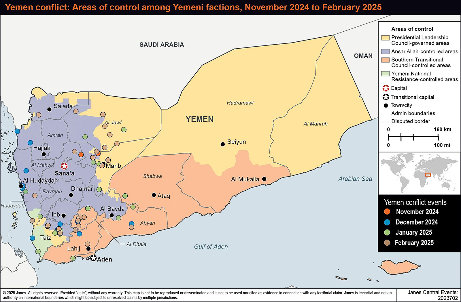 Areas of control among Yemeni factions