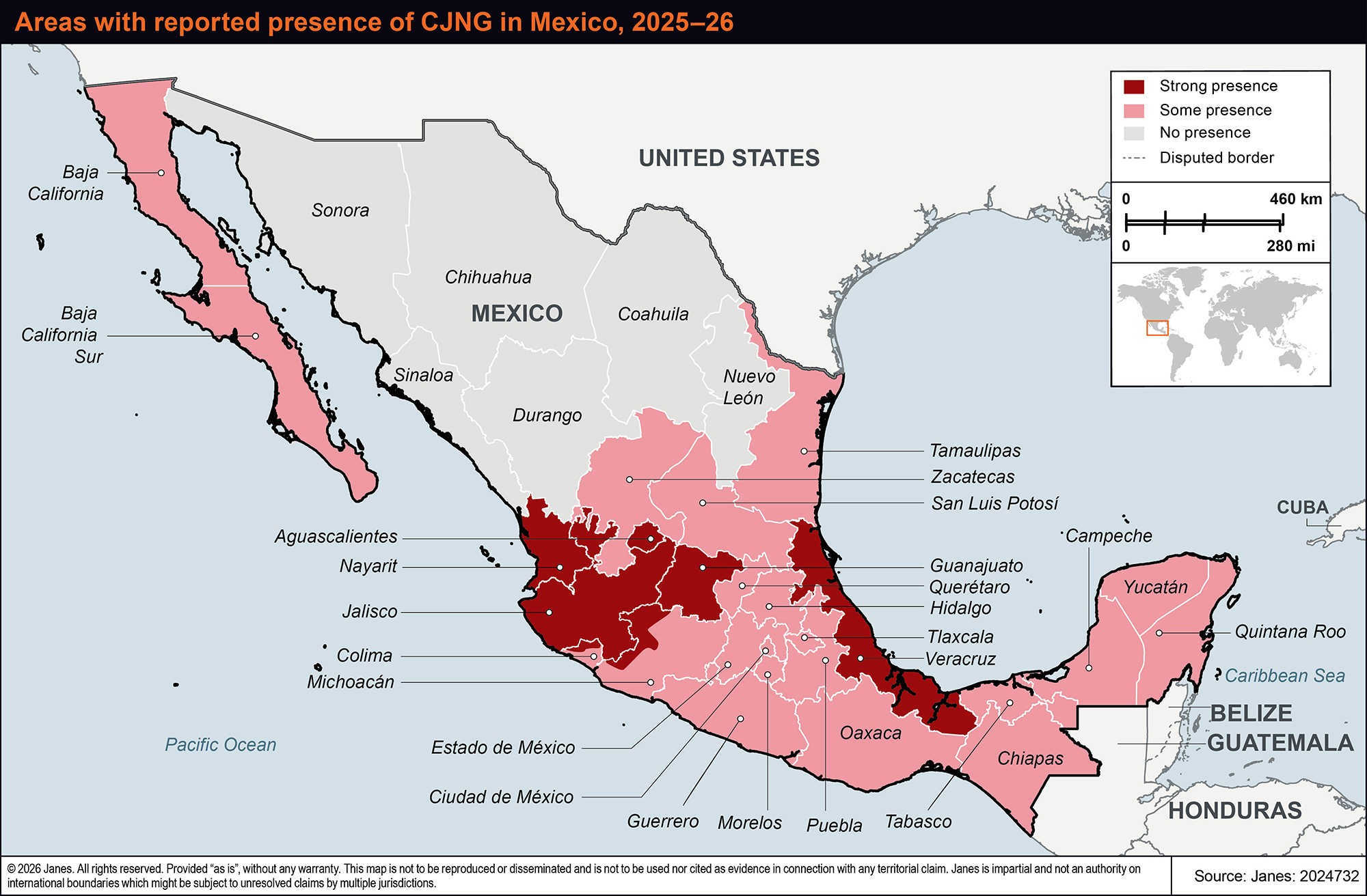 Areas with reported presence of CJNG in Mexico