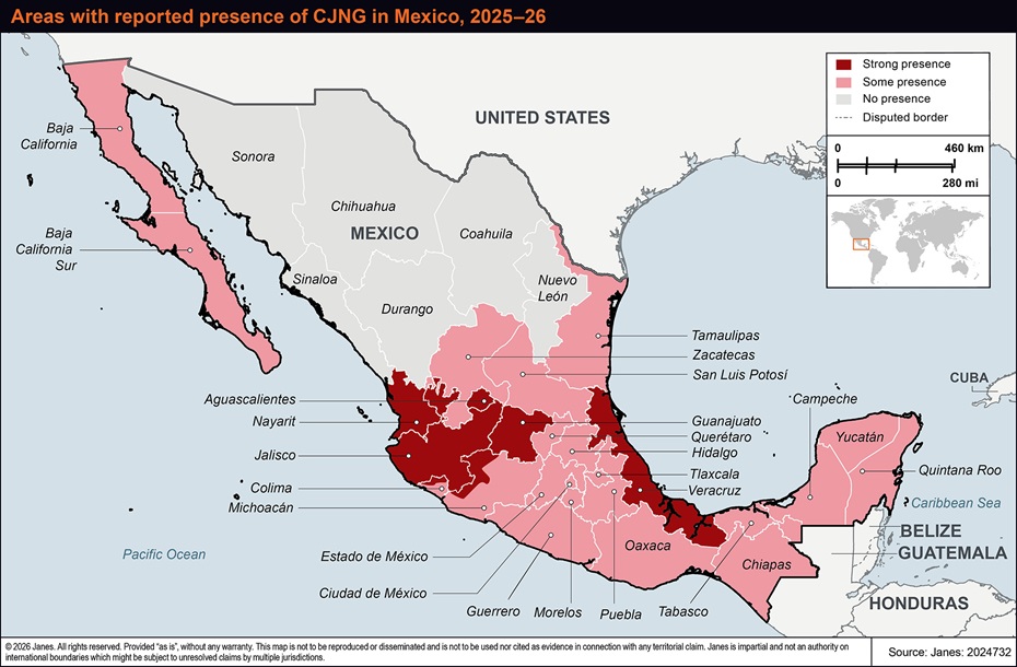 Areas with reported presence of CJNG in Mexico