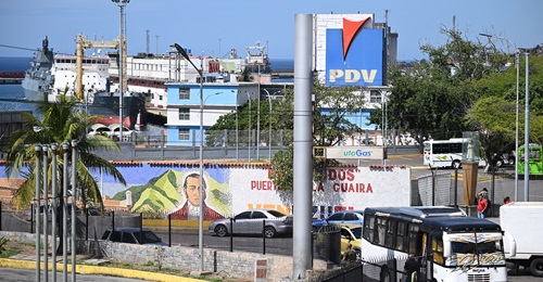 Photograph of Russian frigate Admiral Gorshkov and oil tanker Academic Pashin, part of the Russian naval detachment visiting Venezuela, arrive at La Guaira's harbour on 2 July 2024