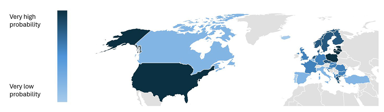 Map of NATO countries coloured in varying shades of blue to depict their probability of meeting elevated defence spending targets - light blue being low and dark blue being high