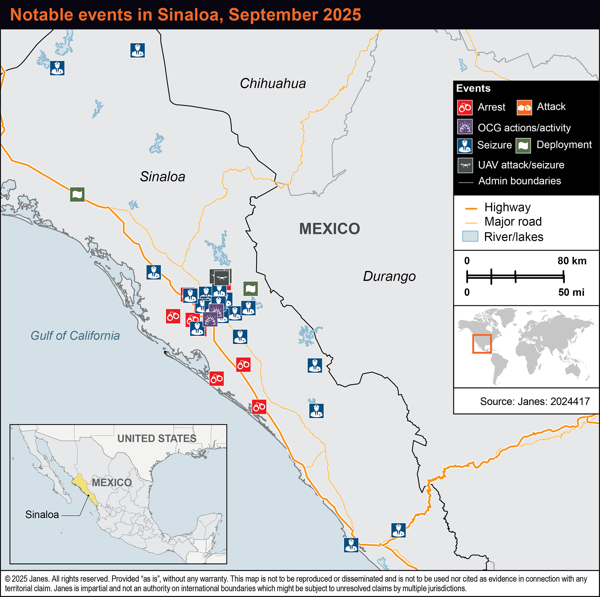 Map of Sinaloa and Western Mexico showing locations of notable cartel related security events in Sept 2025