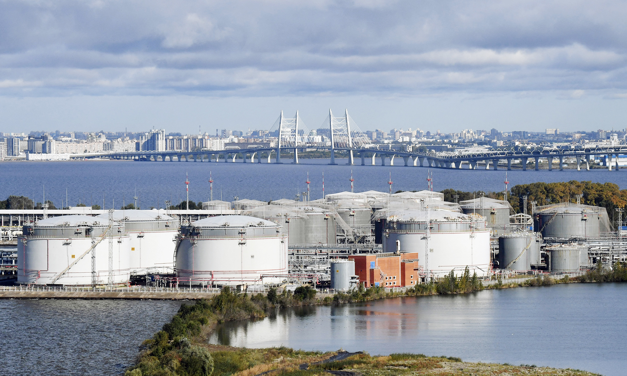A photographic view of the oil terminal near the cable-stayed bridge in Neva Bay Saint Petersburg on 26 September 2025