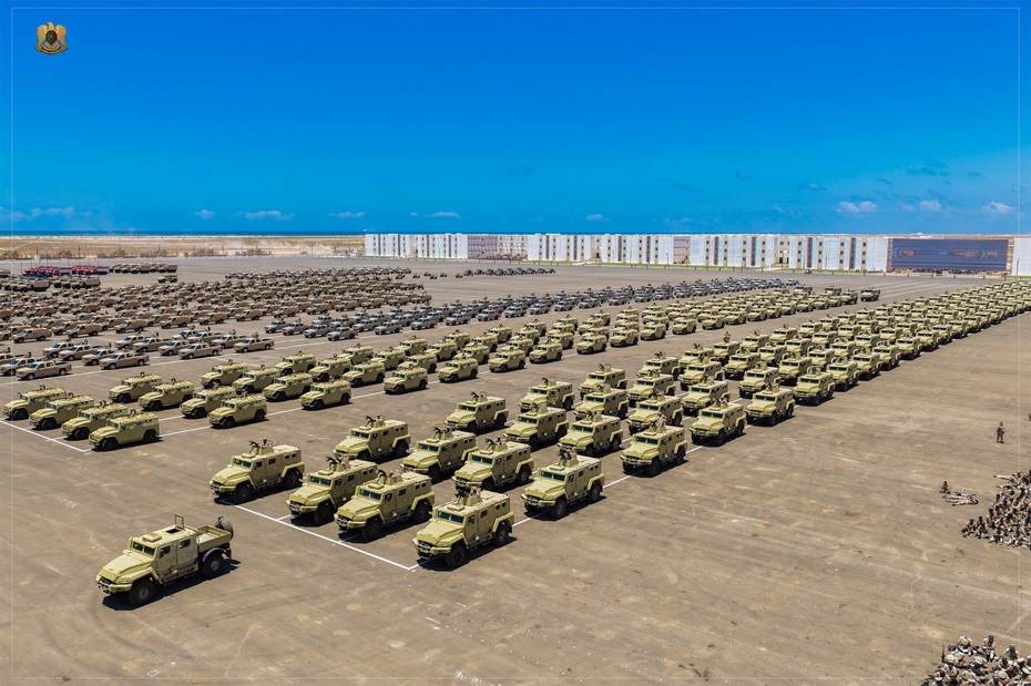 Tigr and Spartak armoured vehicles lined up during the parade held at the new Military City south of Benghazi on 26 May 2025