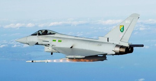 A file photo of an RAF Eurofighter Typhoon launching an ASRAAM missile. The MoD said that a Typhoon from 12 Squadron shot down a UAV as it approached Qatar on 1 March.