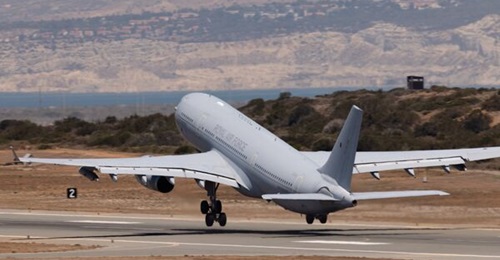 A file photo showing a Voyager tanker departing RAF Akrotiri in Cyprus. The single-runway airbase was struck by a UAV on 1 March, which did not cause air operations to be halted.