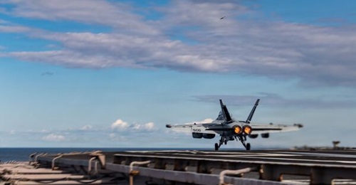 An E/A-18G Growler aircraft, attached to Electronic Attack Squadron 142, launches from USS 
        
         (CVN 78) in support of Operation 'Epic Fury' on 1 March.