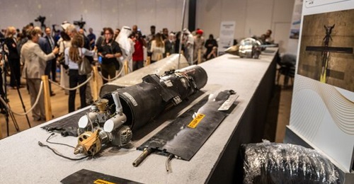 The remnants of an Iranian Shahed-107 displayed during a briefing by the UAE's MoD on 3 March 2026.