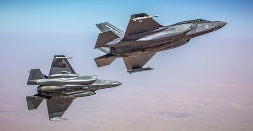 A file photo of UK F-35Bs operating over the Middle East. The type has now claimed its first air-to-air kill in RAF service, shooting down an undisclosed number of Iranian drones over Jordan.