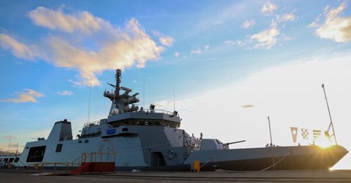 The Philippine Navy's first Rajah Sulayman-class OPV, seen here at its commissioning ceremony in February 2026. Sitep Italia's MASS SX-424(V)122 turrets can be seen on the vessel's monkey deck in this image.