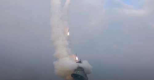 In this image released by North Korea's official Korean Central News Agency (KCNA) on 5 March 2026, 
        
        is seen launching a salvo of cruise missiles.
