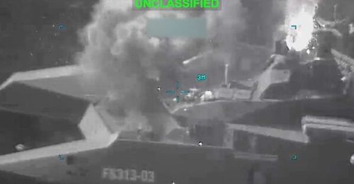 An image released by US Central Command on 4 March shows the IRGCN's 
        
         on fire.