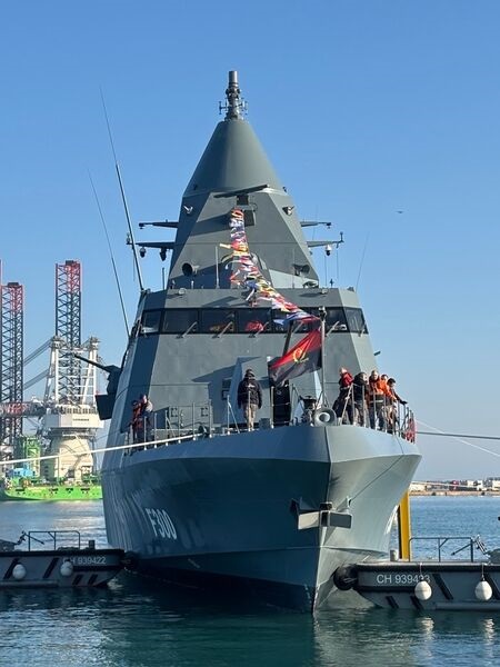 The first-of-class BR71 Mk II corvette for the Angolan Navy, NRA
        
         seen at launch at CMN's Cherbourg yard in March 2026.