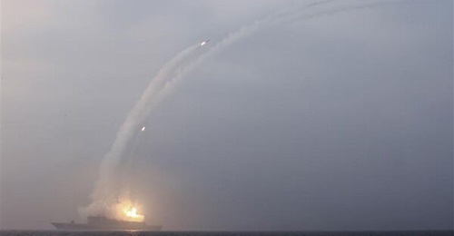 North Korean destroyer 
        
        carrying out a ripple launch of strategic cruise missiles on 4 March 2026.