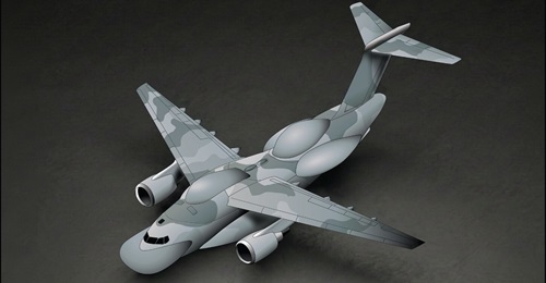 This computer graphics image, presenting an overhead view of the Kawasaki Heavy Industries (KHI) Stand-off Electronic Warfare Aircraft, shows the aircraft's enlarged dorsal fairings.