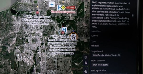 The interface of the Maven Smart System being demonstrated by a member of the Alaska National Guard at the Joint Operations Center on Joint Base-Elmendorf Richardson in the US on 11 July 2025.