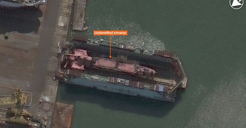 Vantor imagery showing an unidentified trimaran at the Guangzhou-Huangpu Shipyard in China.