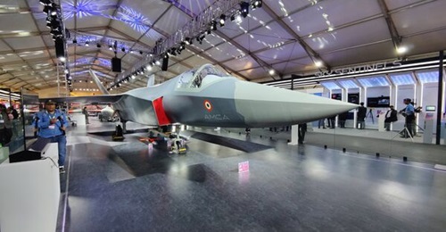 A full-scale model of India's fifth-generation Advanced Medium Combat Aircraft at Aero India 2025. India seeks to acquire an international sixth-generation fighter in tandem with the domestic AMCA.