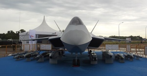 A mock-up of Turkish Aerospace TF-X multi-role combat aircraft on display at the Singapore Airshow 2022.