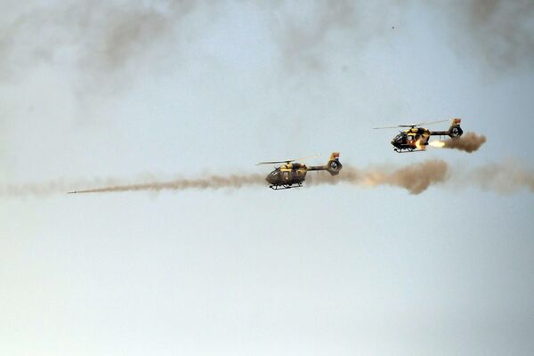 Two Serbian H145M helicopters firing S-8KOM 80 mm rockets from indigenously-developed L80-07 rocket pods during exercise ‘Munjeviti Udar (Lightning Strike) 2021' held on 15-27 June. (Serbian MoD)