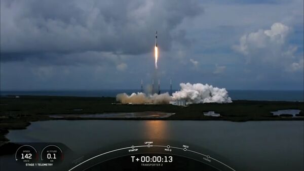 A screengrab from video footage released by SpaceX on 30 June showing the launch from Cape Canaveral of a Falcon 9 rocket carrying 88 satellites, including the RTAF's second Earth-observation satellite. (SpaceX)