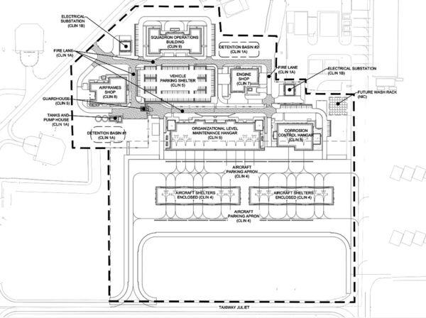 An architectural drawing released by the US Army Corps of Engineers shows the infrastructure that will be built next to the existing Hornet apron at Ahmed al-Jaber Air Base.  (US Army Corps of Engineers)