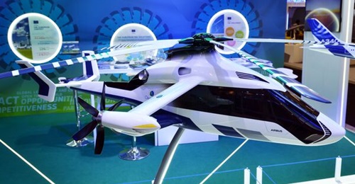 A model of the Airbus RACER concept, showcasing the pusher-propeller configuration that should enable it to achieve the high-speed flight required of the NGRC requirement.