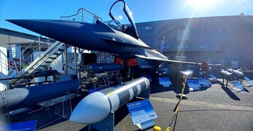 A full-scale mock-up of the Eurofighter EK (formerly ECR) was displayed at ILA 2022, complete with an electronic attack pod in the foreground.