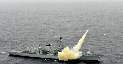 HMS 
        
         fires a Harpoon Block1C anti-ship missile. The MoD has still yet to start the competition for an Interim Surface-to-Surface Weapon to succeed Harpoon.