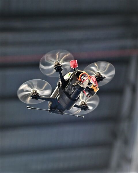 An in-flight Doot MK-I nano UAV with ISR package being exhibited at East Tech 2022. The UAV has been tested by NSG and is currently being tested by Assam Rifles in Manipur.