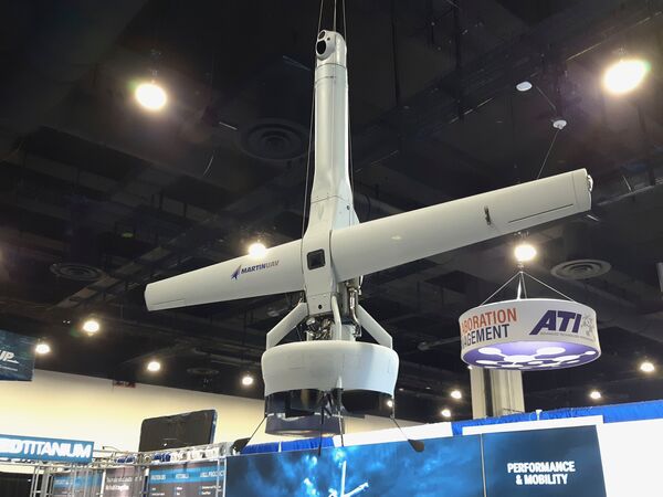 The Martin UAV V-Bat 128 vertical take-off and landing (VTOL) tail-sitting fixed-wing unmanned aerial vehicle (UAV) on display at the Navy League's 2021 Sea-Air-Space exposition on 3 August 2021. (Janes/Pat Host)