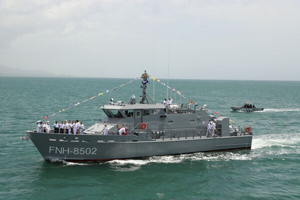 
        The Honduran Naval Force's new patrol boat, 
        Río Aguán
         (FNH-8502), was commissioned on 9 July.
       (Secretaria de Defensa Nacional, Honduras)