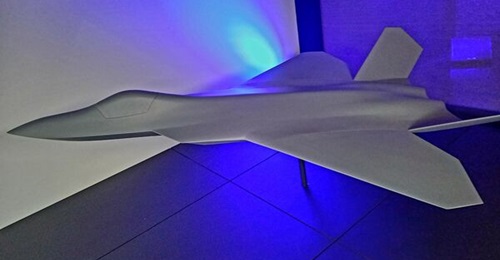 A model of the Tempest future fighter displayed at the Farnborough Airshow 2022.