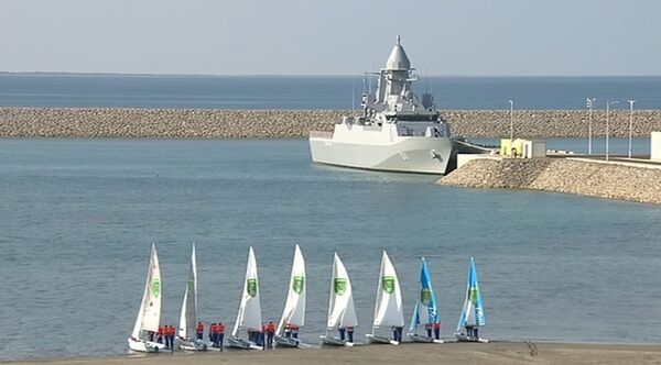 A screengrab from footage released on 11 August by the Altyn Asyr network showing Deňiz Han, Turkmenistan's recently commissioned corvette, during a ceremony held at the Turkmenbashi naval base (Altyn Asyr )