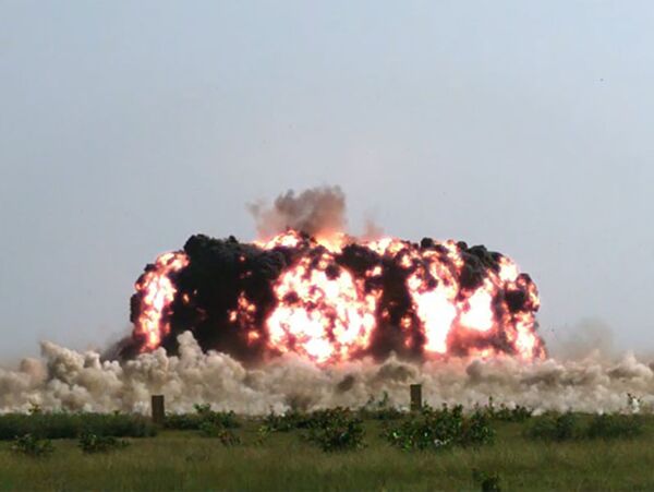 A Dialable Effects Munition delivers a precision effect to a target during a demonstration of the weapon's capabilities on 28 July. (US Air Force)