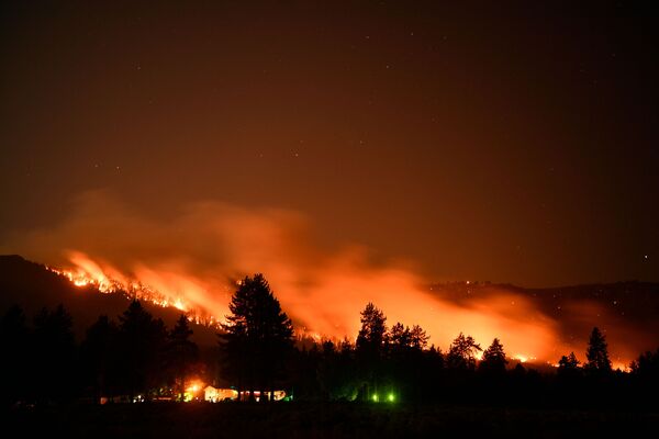 Trees burn on a hillside behind Honey Lake campground during the Dixie wildfire on 18 August 2021 in Milford, California. The wildfire had burnt more than 626,000 acres of land. (Patrick T Fallon/AFP via Getty Images)