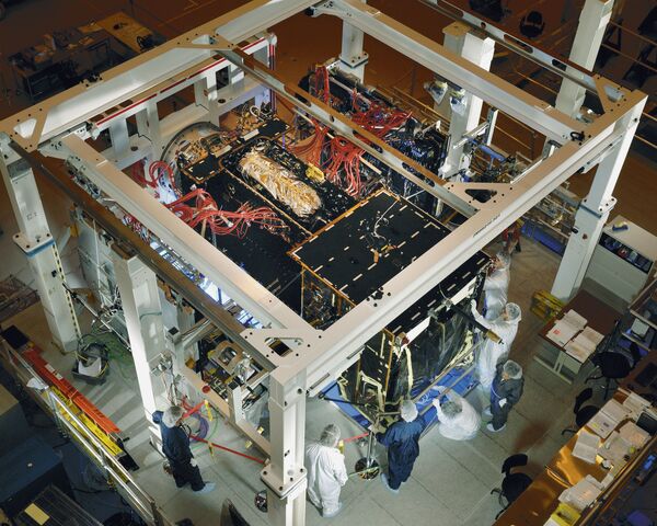 Programme officials prepare a SBIRS GEO-2  spacecraft for baseline integration.  (Lockheed Martin)