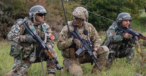 US Army First Lieutenant Ethan Nelson from 1st Battalion, 503rd Parachute Infantry Regiment, 173rd Airborne Brigade, pulls security alongside North Macedonia soldiers during Exercise 'Saber Junction' in Hohenfels, Germany.