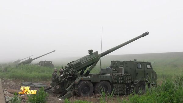 A screengrab from footage released by CCTV on 6 June showing an artillery brigade under the PLAGF's 71st Group Army using several PCL-181 SPHs in a live-fire drill at an undisclosed coastal area in China. (CCTV)