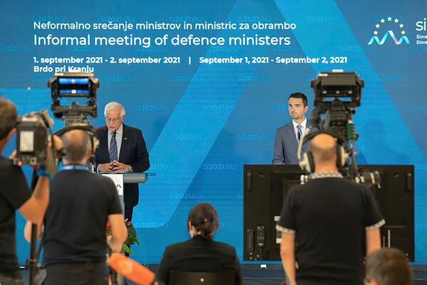 EU foreign and security policy chief Josep Borell (left) told journalists after an informal defence ministers meeting on 2 September that they had discussed the creation of a European rapid reaction intervention force, which Slovenian Defence Minister Matej Tonin (right) said would require the will to use it. (Slovenian Presidency of the Council of the EU)