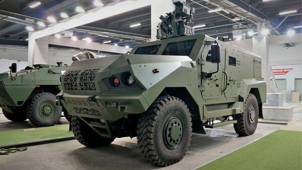 HSW unveiled a 4×4 multipurpose armoured vehicle, pictured with a ZSMU A5 RCWS,at MSPO 2021. (HSW)