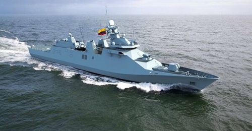 A computer rendering, released by Damen, of a notional SIGMA 10514 design matched to the Colombian Navy's PES requirement. The final configuration will be determined during the contractual design phase.