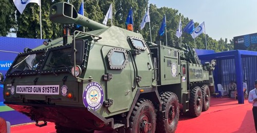 India's DRDO showcased the 155 mm/52 calibre mounted gun system at Defence Expo 2022. The gun has a maximum firing range of 45 km.