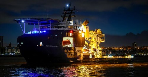 The UK's newly acquired future Multi-Role Ocean Surveillance ship sails into Cammell Laird shipyard, Birkenhead, Liverpool, on 19 January.